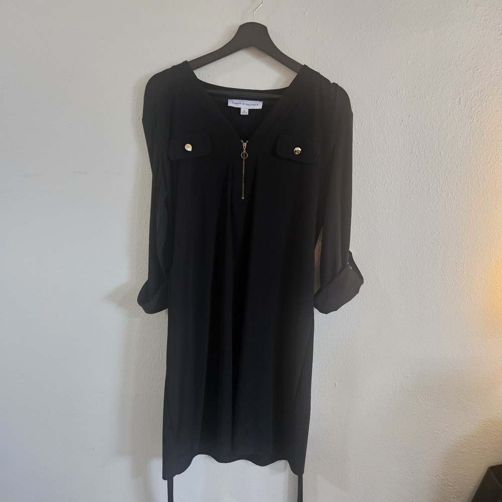 Emma & Michele Black V-Neck Zipper Accent Dress